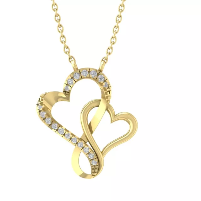 14K Yellow Gold Diamond Double Heart Pendant w/ Silver Chain 1/10ct, 18", 2.54g