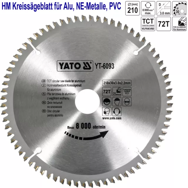 Kreissägeblatt Sägeblatt Alu NE-Metall PVC Holz HM Ø 210 x 30 mm Z 72 Hartmetall
