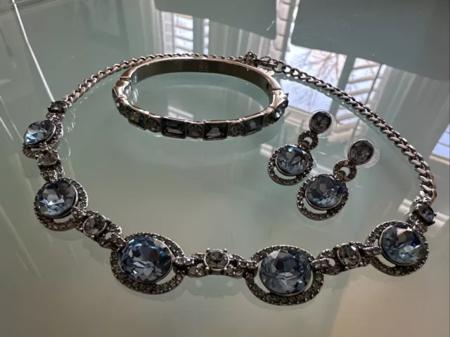 Givenchy Crystal Parure Blue Silver Necklace Earrings Bracelet Set