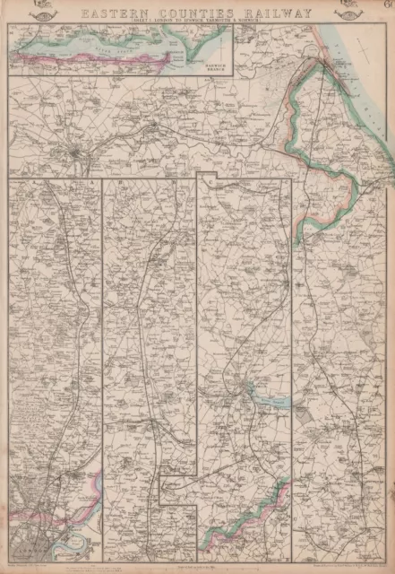 EASTERN COUNTIES RAILWAY 1.London to Ipswich Yarmouth & Norwich.WELLER 1863 map