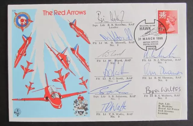 G.B. Stamp cover 1980, Red Arrows - RAF Kemble, Signed by the pilots