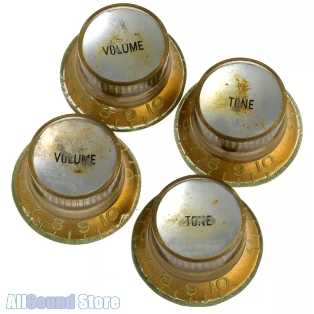 (4) RELIC AGED GOLD Bell REFLECTOR KNOBS for Gibson USA, CTS Pots Guitar/Bass