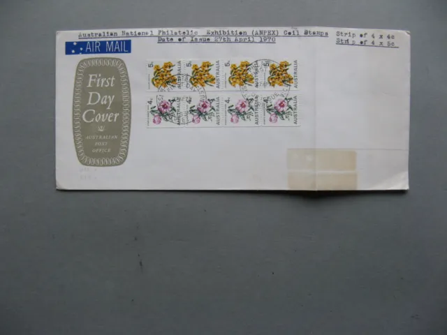AUSTRALIA, cover FDC 1970, coil stamps ANPEX, 4 & 5 c flowers, strips of 4