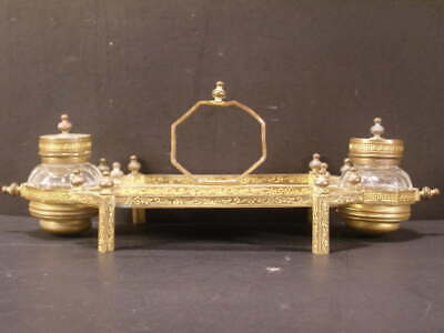 ~19 c Bronze Dbl Inkwell Cut Crystal Ink Well Stand Pen Tray Holder Empire Gilt~
