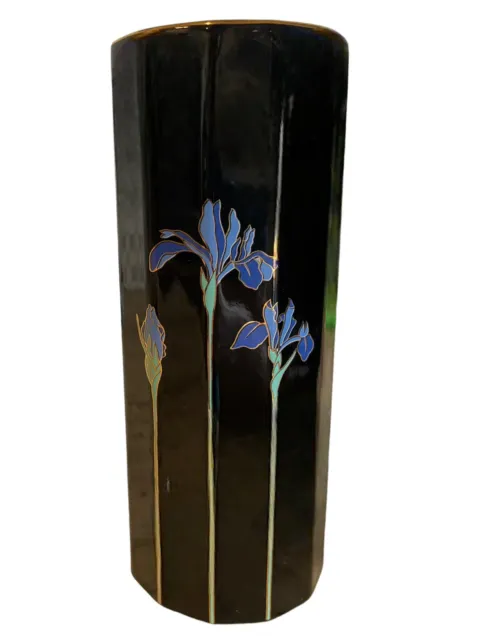 Vintage Otagiri Blue Iris Porcelain Flower Vase Japan Retired Black 8.5"