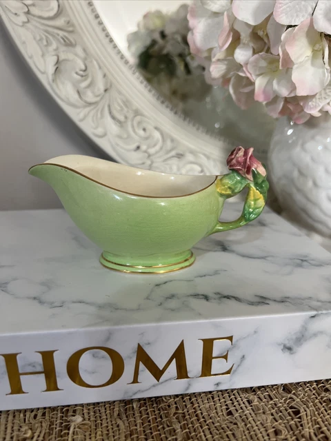 ROYAL WINTON GRIMWADES CREAMER PITCHER ROSEBUDS GREEN Vintage GOLD TRIMMER