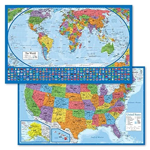 2 PACK - Laminated World Map Poster & USA Map Set - 18” x 29” LAMINATED