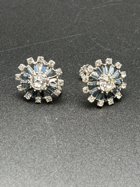 Vintage Sterling Silver Aquamarine Rhinestone Screwback Earrings Jewelry
