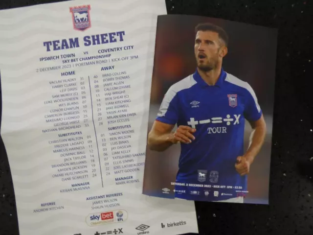 Ipswich Town v Coventry 02/12/23 Football Programme & Teamsheet