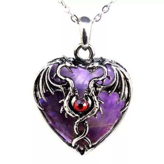 Natural Healing Crystal Amethyst Rose Quartz Dragon Heart Stone Pendant Necklace