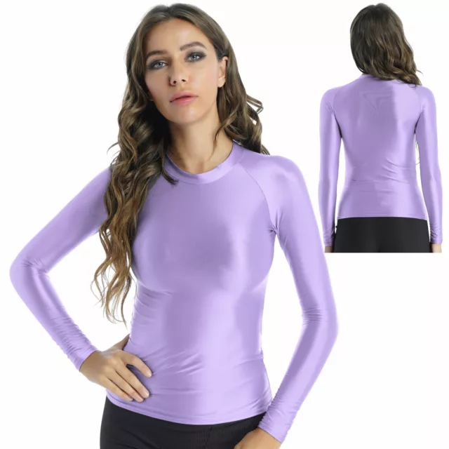 Women's Glossy Long Sleeve T-Shirt Seamless Yoga Shirts Compression Workout  Tops