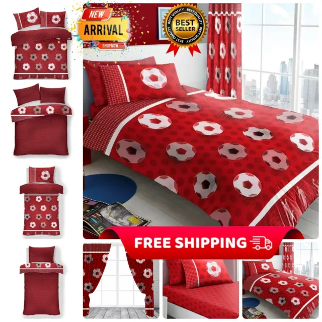 KIDS FOOTBALL DUVET COVER SET Reversible Bedding Matching Fitted Sheet & Curtain