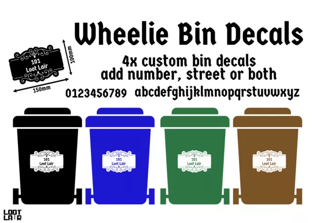 Set of 4 Leaf Personalised Wheelie Bin Stickers Numbers Name House Vinyl Graphic