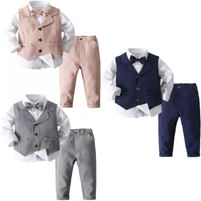 Baby Boy Gentleman Suit Formal Waistcoat Wedding Shirt + Vest +Bow Tie 4 PCS Set