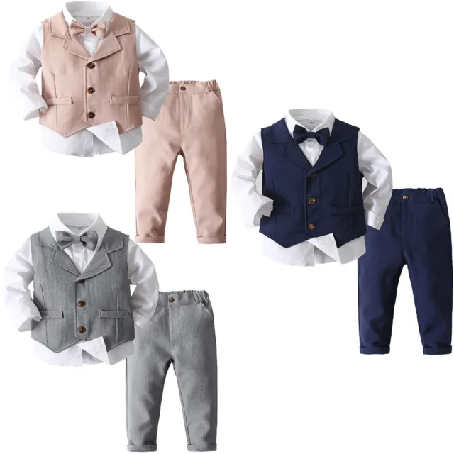 Baby Boys Gentleman Outfits Set Bow Tie Long Sleeve Shirt Pant Vest Formal Suits