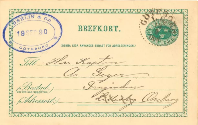 SCHWEDEN 1890, "GÖTEBORG L.Br." K1 glasklar a. 5 (FEM) Öre grün GA-Postkarte