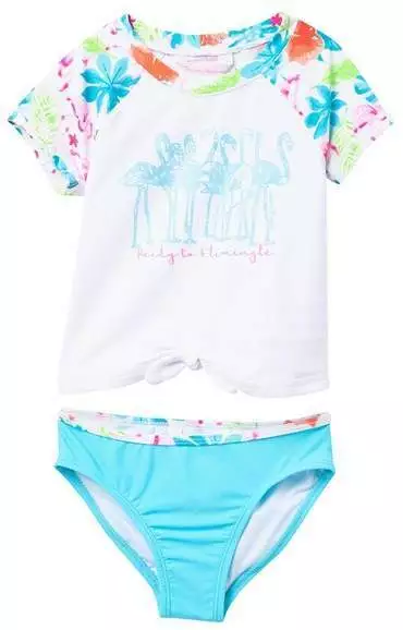 Tommy Bahama 2T Toddler Girls 2 Pc Rash Guard Tankini Swimsuit Blue Flamingo