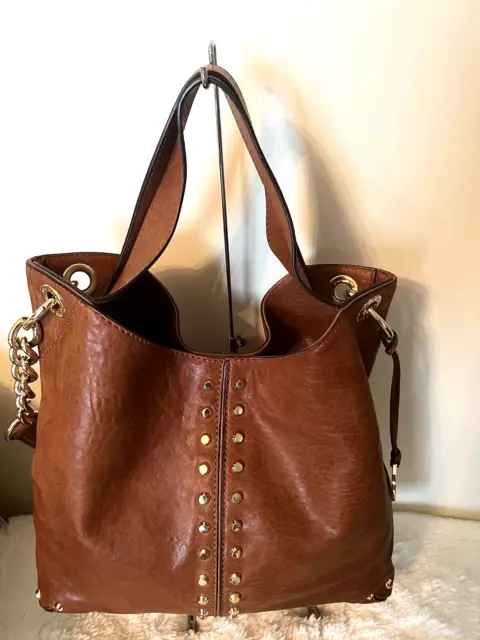 MICHAEL KORS Uptown Astor Leather Studded Hobo Purse COGNAC