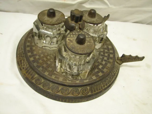 Ornate Cast Iron Victorian Triple Pot Glass Inkwell Dip Pen Holder Dual