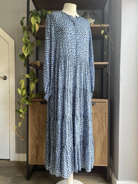 ZARA ANGEL MIDI Maxi Dress L 12 14 Blue Mix Scribble Print Tiered Smock 34.99 PicClick UK