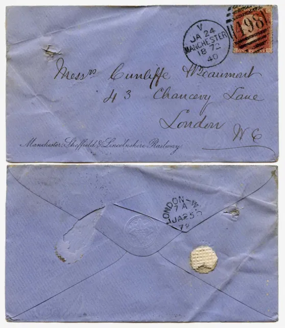 GB RAILWAY 1872 PENNY RED on MANCHESTER SHEFFIELD + LINCS ENVELOPE