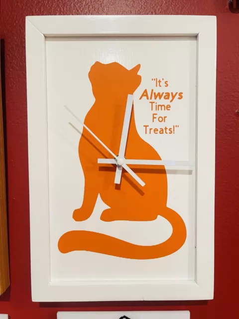 Kitty Cat Treats Wood Wall Clock - Handmade 8”x12” Painted & Custom Decaled