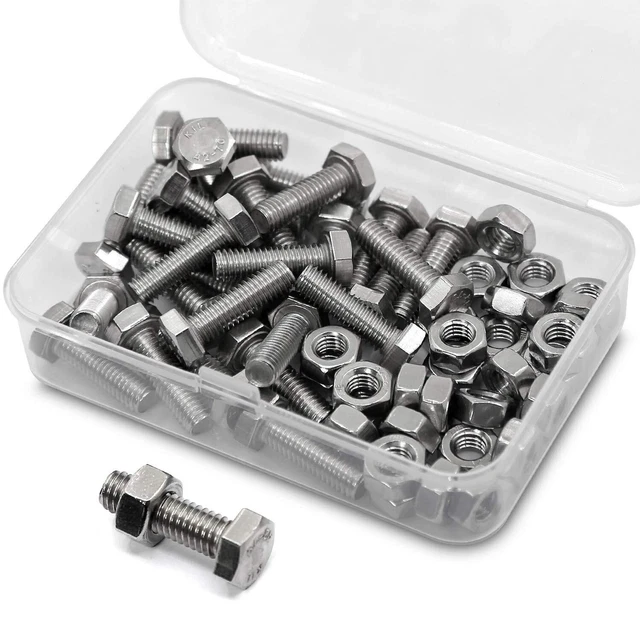 (30 Sets) M6-1.0 x 20mm Hex Head and Nuts Set, 304 Stainless Steel