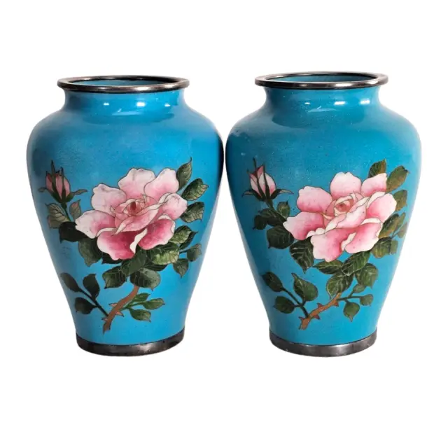 Vintage Japanese Cloisonné Blue Vases Ando Sato Enamel Rose Vases Pair