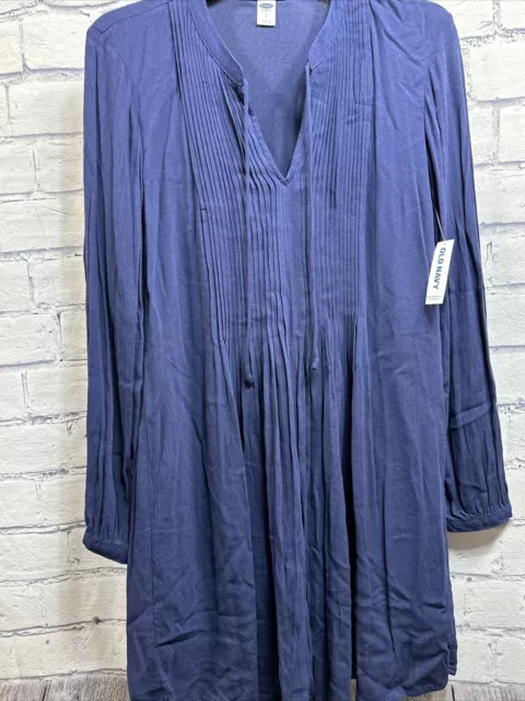 Old Navy Womens Small Pintuck Pleat Navy Blue Dress Long Sleeve Tie front V-Neck