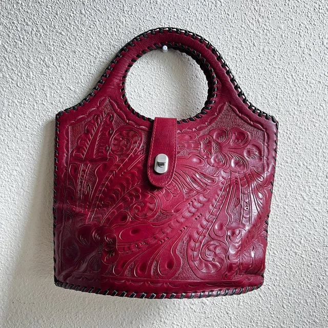 Leaders In Leather Red Hand Tooled Leather Purse Handbag Western Floral