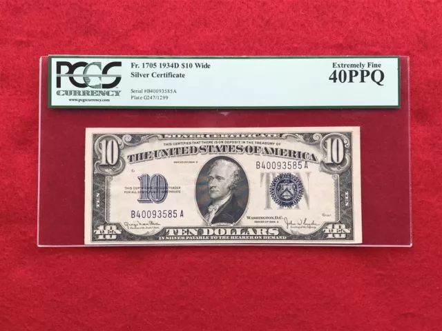 FR-1705 1934 D Series $10 Silver Certificate Wide *PCGS 40 PPQ Extremely Fine*
