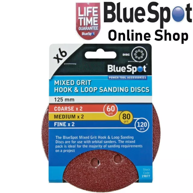 125mm HOOK & LOOP MIXED GRIT ROUND CIRCULAR SANDING DISCS 6 PACK,BLUE SPOT 19877