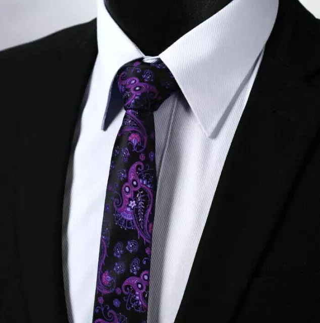 Aubergine Mens Skinny Tie Purple Wedding Black purple Slim Paisley Silk Gift UK