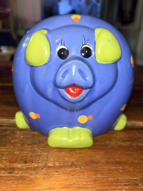 Blue And Green Pig Piggy Bank With Orange And Yellow Polka Dots