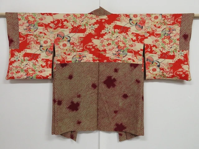 1214i09z500 Antique Japanese Kimono Silk SHIBORI HAORI Wine red