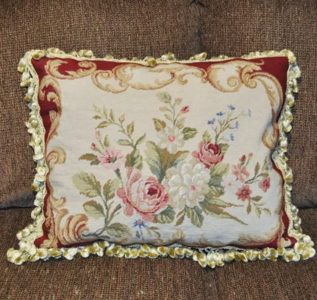 Wool Petit Point Pillow Cover Pink Roses Needlepoint Throw Cushion 16x20