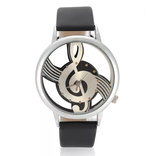 (Black Strap)Quartz Analog Couple Watch Round Hollow Musical Note Dial PU RMM