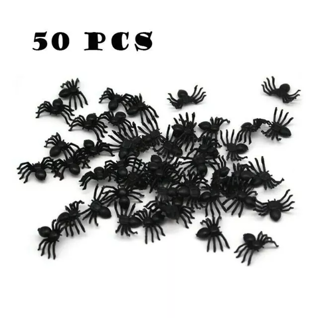 50x Schwarz Plastik Spinne Lustig Halloween Party Dekor Spukhaus Trick Spielzeug