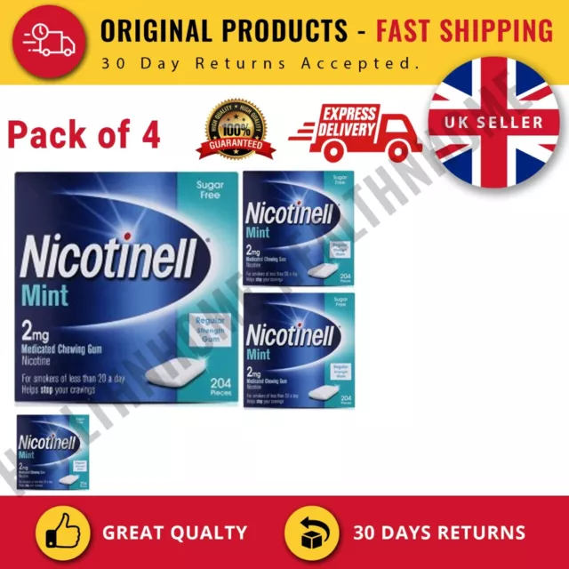 4 x Nicotinell Nicotine Gum, Quit Smoking Aid, Mint Flavour, 2 mg, 204 Pieces