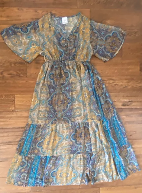 Bold & Beautiful Summer Holiday Blue Beige Paisley Silk Long Boho Dress Size M