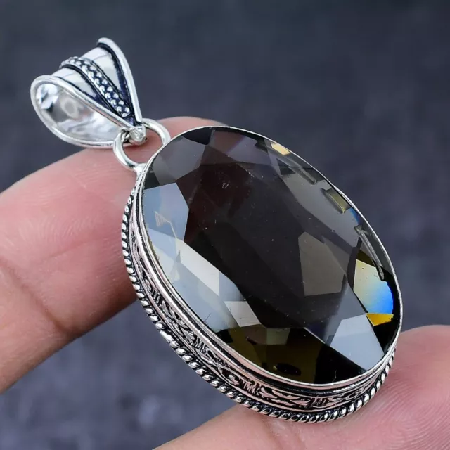 Natural Smoky Quartz Gemstone Handmade 925 Sterling Silver Pendant 2.09" Gift F6