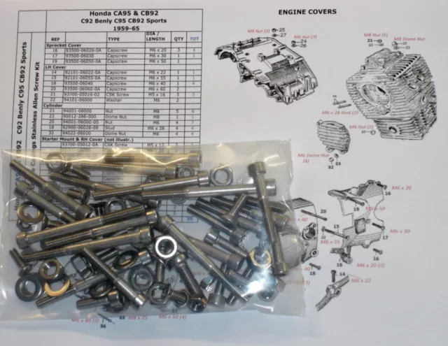 Honda CA95 CB92 Engine Covers 58pc Stainless Allen Bolts & Nuts Kit C95 Benly 2