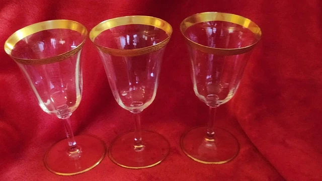 Lot 3: Tiffin Franciscan Minton Water Goblets 6.5” Tall Gold Trim top and bottom