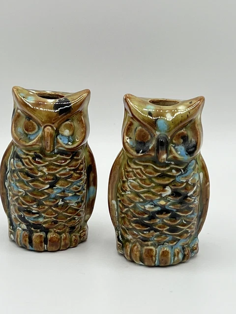 Vintage OWL SALT & PEPPER SHAKERS Brown Turquoise Speckled MCM Rare Glaze