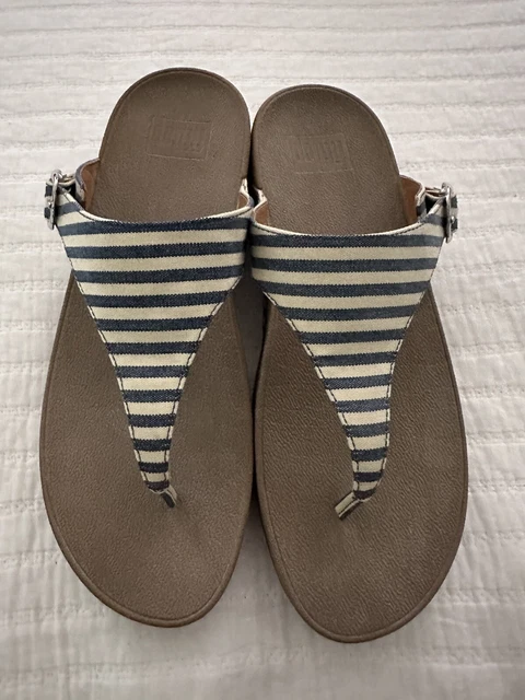 FitFlop Womens Size 9 NEW Skinny Thong Blue Nautical Canvas Wedge Sandal 550-003