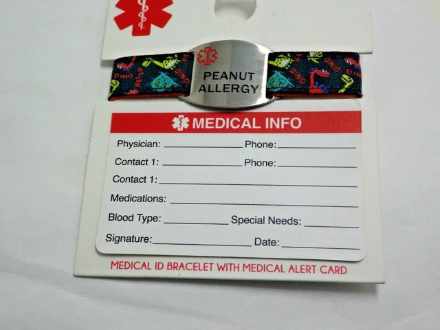 Pulsera de identificación médica con tarjeta de alerta médica alergia al maní dinosaurios niño
