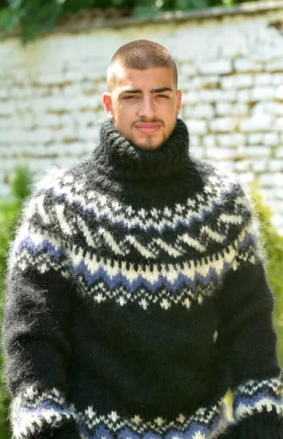Hand Knitted Icelandic Mohair Sweater Nordic Black Jumper for men and women M L