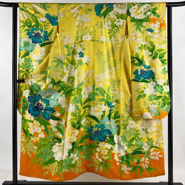 Japanese Kimono Silk Furisode Long Sleeves Gold Leaf Flower Gorgeous Yellow 59"