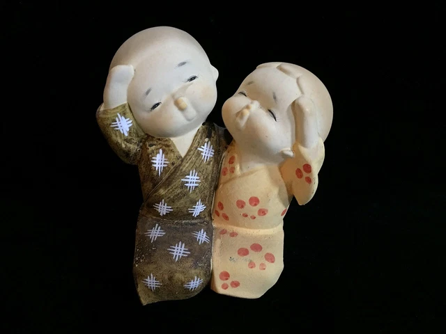K0951 Japanese Pottery KIMONO Boy & Girl Doll Okimono Vintage Interior Statue