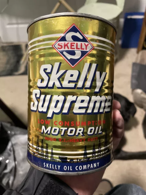 Vintage Skelly Supreme Ribbed Motor Oil Can, Full, Perfect Can, 1 qt. NOS